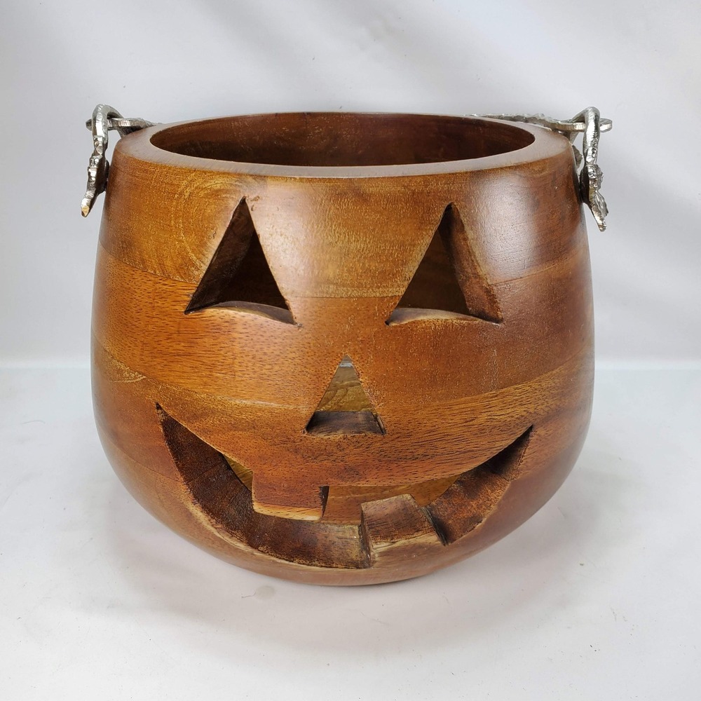 Martha Stewart Jack-O-Lantern Pumpkin Bucket Wood Rustic Carved Halloween 8in